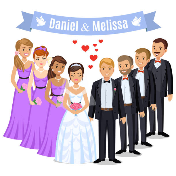 illustrazioni stock, clip art, cartoni animati e icone di tendenza di coppia di sposi felice. coppia di sposi con damigelle d'onore e sposi. gli sposi il giorno del loro matrimonio. illustrazione vettoriale della coppia di sposi isolata su sfondo bianco. coppia di sposi di cartoni animati carini. - wedding reception wedding party bridesmaid