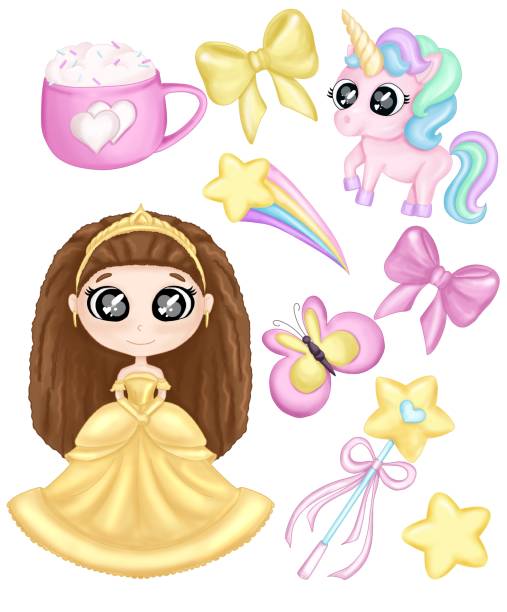 ilustrações, clipart, desenhos animados e ícones de conjunto de adesivos para meninas princesa, varinha mágica, unicórnio, arco-íris, estrela, borboleta, arco - creamsicle