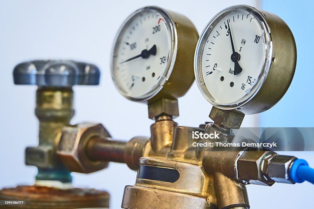 Pressure Reducer Brass pressure reducer Gauge Stock Photo