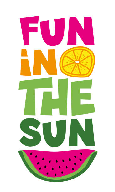 illustrations, cliparts, dessins animés et icônes de fun in the sun - slogan amusant avec tranche de citron et de pastèque - t shirt à slogan