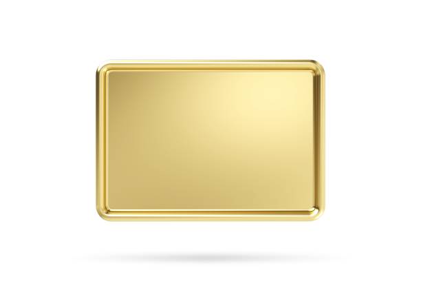 Light shiny on 3d gold empty brass metal plate isolated on white background. 3D rendering stock photo