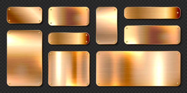 istock Realistic shiny metal banners set. Brushed steel plate with screws. Polished copper metal surface. Vector illustration. 1394193771