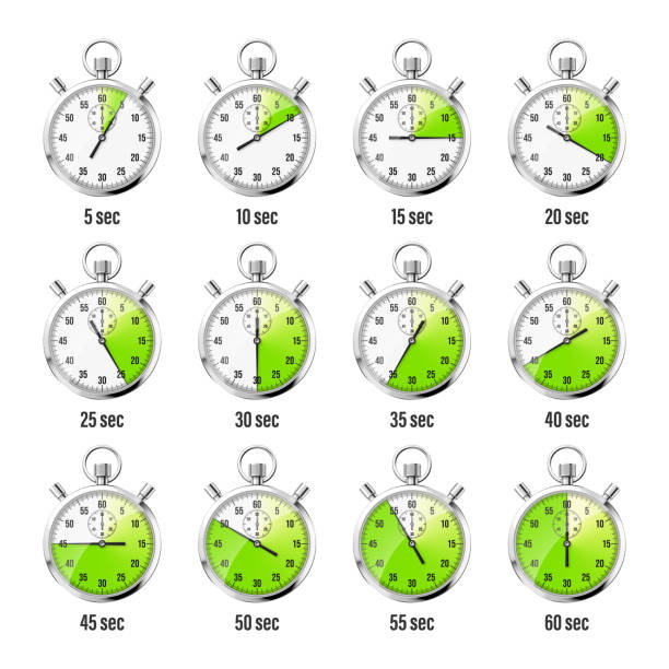 istock Realistic classic stopwatch icons. Shiny metal chronometer time counter with dial. Green countdown timer showing minutes and seconds. Time measurement for sport, start and finish. Vector illustration 1394195730