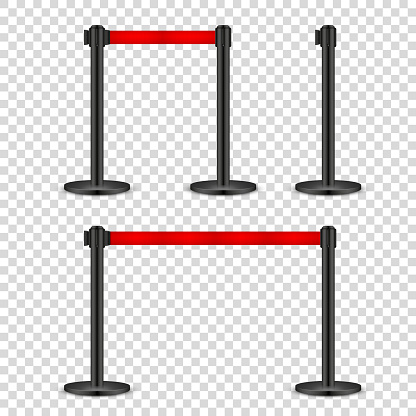 Realistic retractable belt stanchion on transparent background. Crowd control barrier posts with caution strap. Queue lines. Restriction border and danger tape. Vector illustration