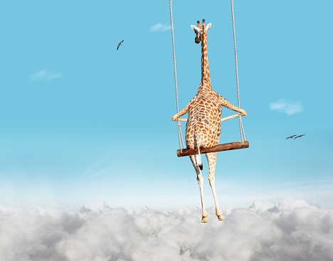 Illustration image of giraffe swinging on swing bar over blue sky with clouds foam