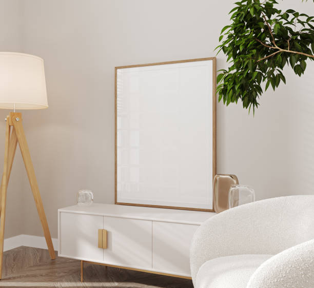 istock Mockup frame close up in living room interior background, 3d render 1394200425