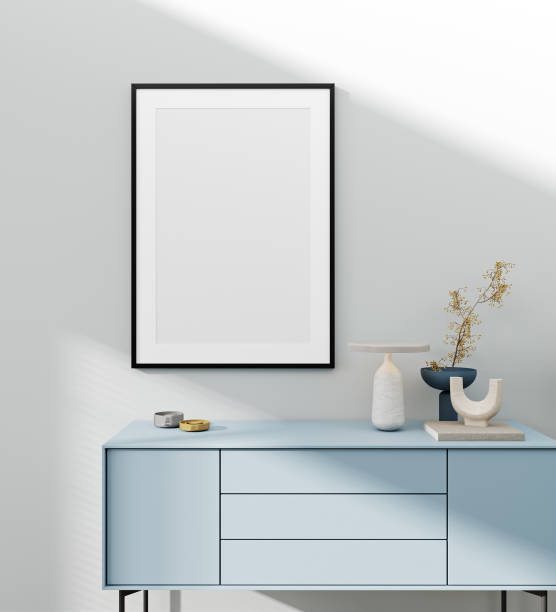istock Mock up frame in home interior background, white wall with blue furniture, modern style, 3d render 1394200430