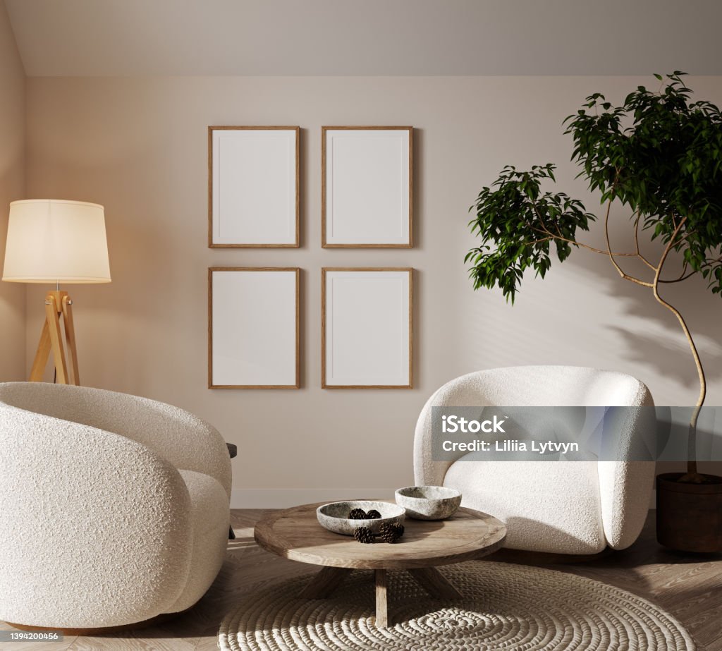 Four frames mock up in modern living room interior, 3d rendering Picture Frame Stock Photo