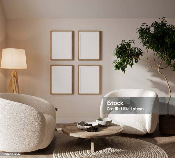Four Frames Mock Up In Modern Living Room Interior 3d Rendering Stock Photo - Download Image Now