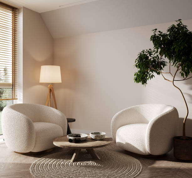 istock Cozy living room interior, white modern armchair on beige background, 3d render 1394200461