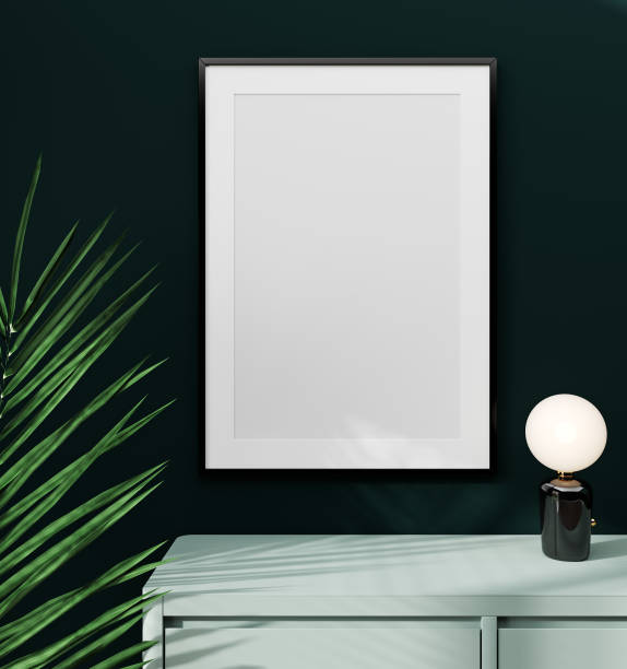 istock Vertical empty frame mockup in green interior with sideboard, trendy plants in pots on empty wall background. 3D rendering 1394200465