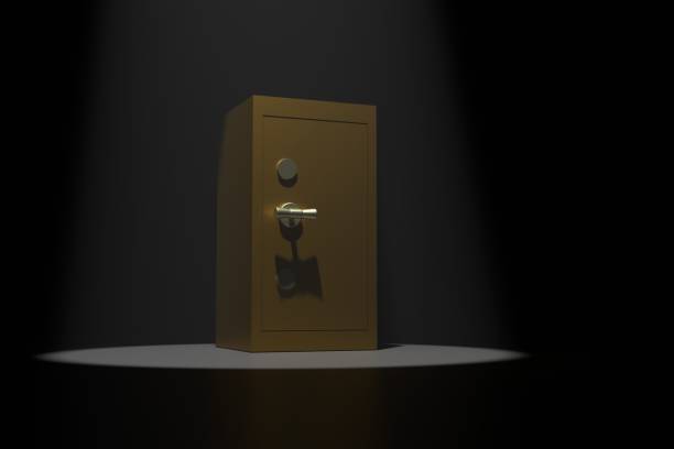 istock Safe in the dark illuminated by a beam of light. 3D render 1394200880