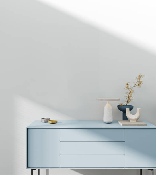 istock White interior with blue dresser and decor. 3d render illustration background mock up. 1394201013