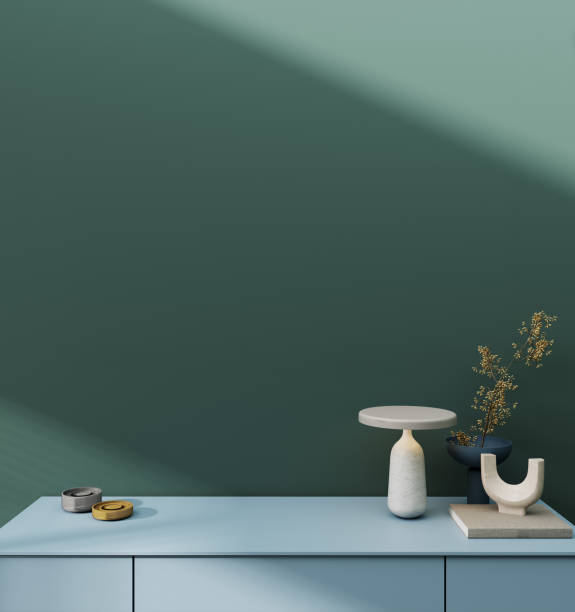 istock Interior wall mockup close up in green color with decor on blue shelf, 3d render 1394201014