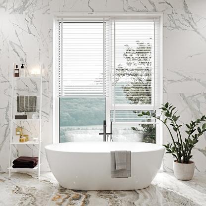 White and light marble bathroom interior with bathtub, window, and shelf with bath accessories, 3d rendering