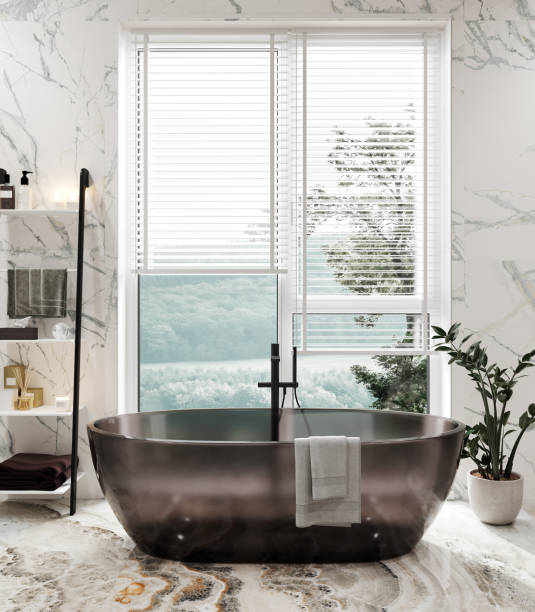 istock Bathroom interior with glass bathtub and white marble, 3d rendering 1394201029