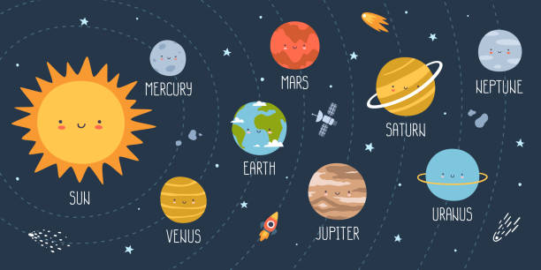 illustrazioni stock, clip art, cartoni animati e icone di tendenza di poster con simpatici pianeti del sistema solare. banner con pianeti kawaii nello spazio per l'educazione dei bambini. cartello per l'apprendimento dell'astronomia per bambini. - mercury rocket