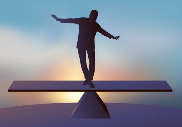 Symbol of a risky situation with a man balancing on a board. vector art illustration
