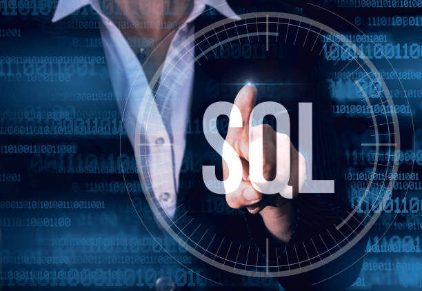 istock Business Woman with finger pressing SQL button on virtual screens. 1394204477