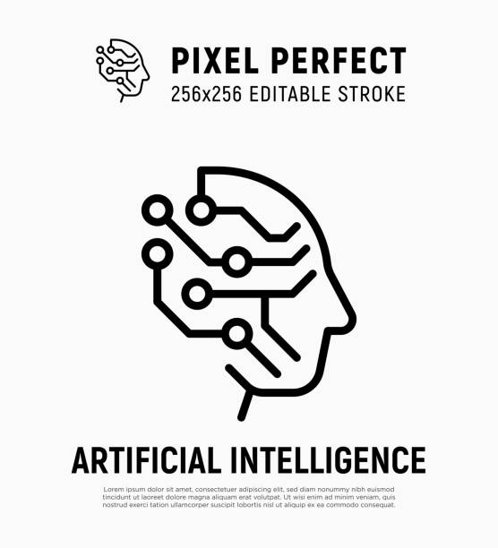 Artificial intelligence thin line icon. Deep learning. Human face with processor. Machine learning. Pixel perfect, editable stroke. Vector illustration. vector art illustration