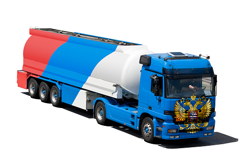 Fuel truck with russian flag transporting gas isolated on white