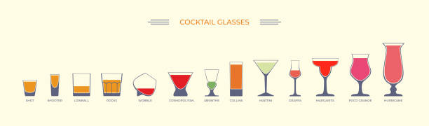 illustrations, cliparts, dessins animés et icônes de différents types de verres à cocktail ensemble. différents types de cocktails dans des verres recommandés. - hurricane cocktail
