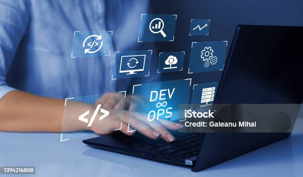 Agile Programming And Devops Concept Engineer Working On Laptop With Virtual Screen It Operations High Software Quality And Software Development Stock Photo - Download Image Now