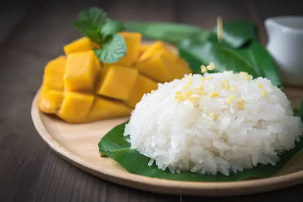 Crispy Mung bean on coconut milk and Flavored Sticky Rice with Ripe Mango on wood dish, Popular Thai desserts on summer.