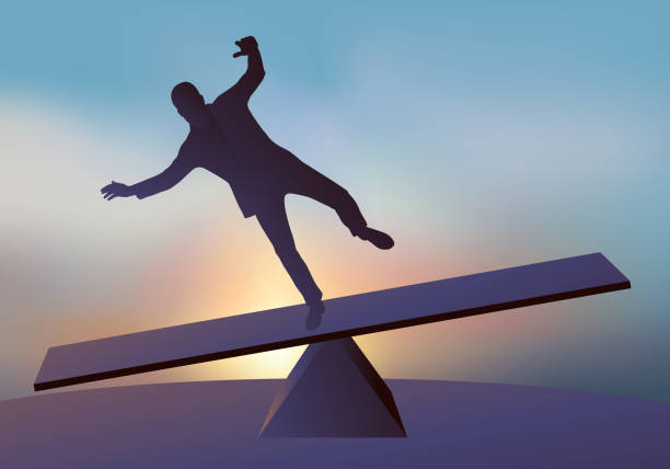 Symbol of a risky situation with the fall of a man in imbalance. Concept of a fall and loss of balance with a destabilized businessman who finds himself knocked down from his pedestal. standing on one leg not exercising stock illustrations