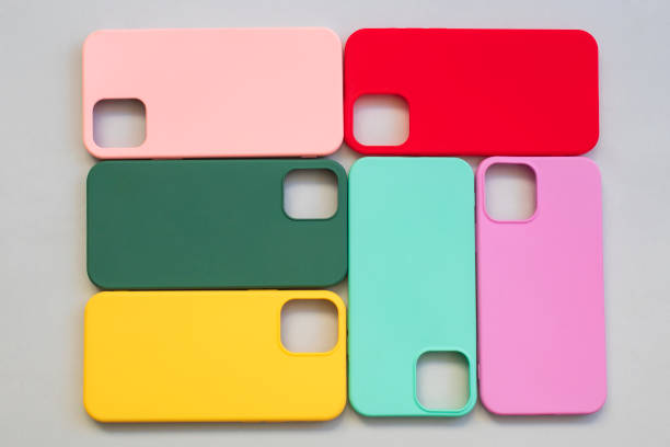 istock Cases set for smartphone on grey background. Silicone protection for mobile phone. Colorful silicone phone cases. 1394217340