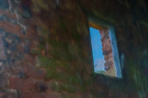 Digital painting of an old abandoned derelict, rotted green window frame against a red brick wall and a blue sky.