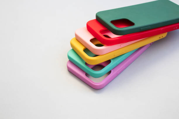 istock Cases set for smartphone on grey background. Silicone protection for mobile phone. Colorful silicone phone cases. 1394217620