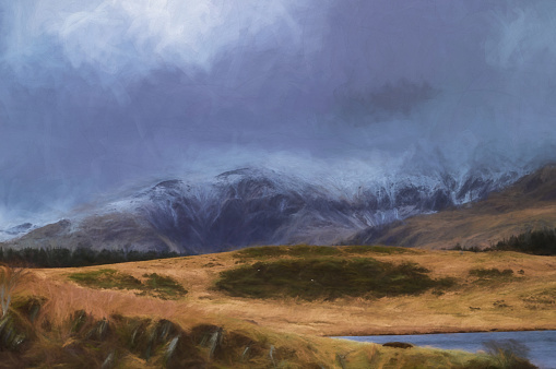 Digital painting of panoramic views of Llyn y Dywarchen, Snowdon, and Y Garn during winter in the Snowdonia National Park, North Wales.