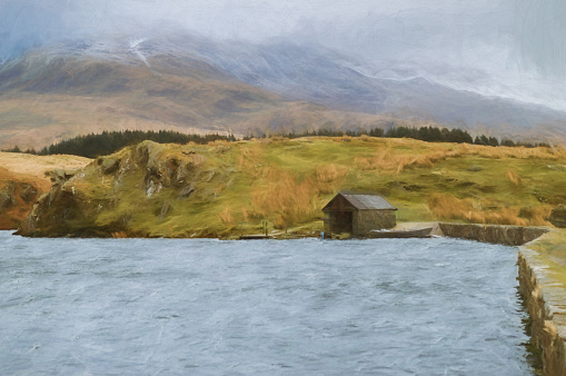 Digital painting of panoramic views of Llyn y Dywarchen, Snowdon, and Y Garn during winter in the Snowdonia National Park, North Wales.