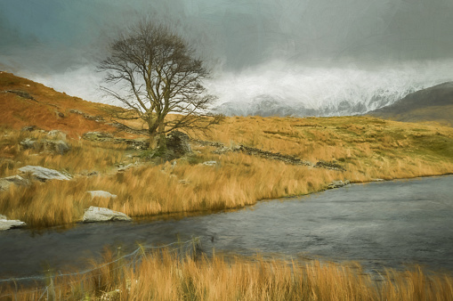 Digital painting of panoramic views of Llyn y Dywarchen, Snowdon, and Y Garn during winter in the Snowdonia National Park, North Wales.