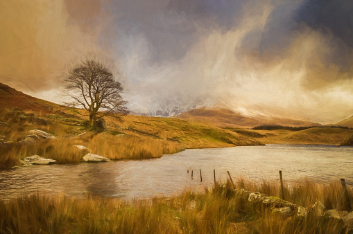 Digital painting of panoramic views of Llyn y Dywarchen, Snowdon, and Y Garn during winter in the Snowdonia National Park, North Wales.