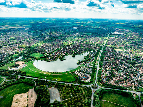Aerial Photo of the village of Furzton Lake in Milton Keynes, UK