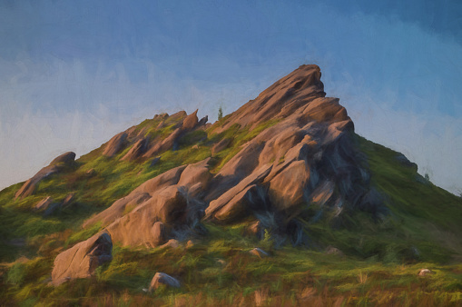 Digital painting of a panoramic view of the heather and rocks at Ramshaw Rocks at the Roaches in the Peak District National Park.