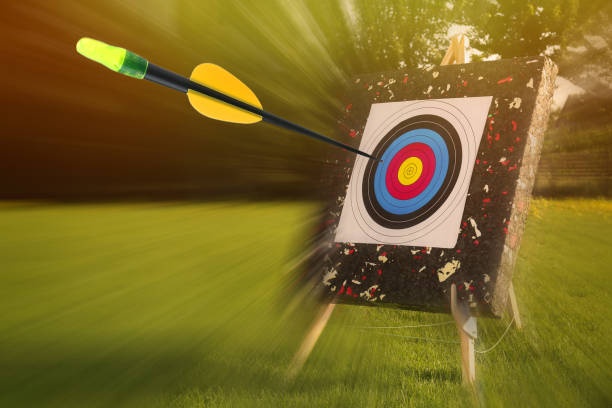 istock Plastic black arrow flying to archery target in park 1394219651
