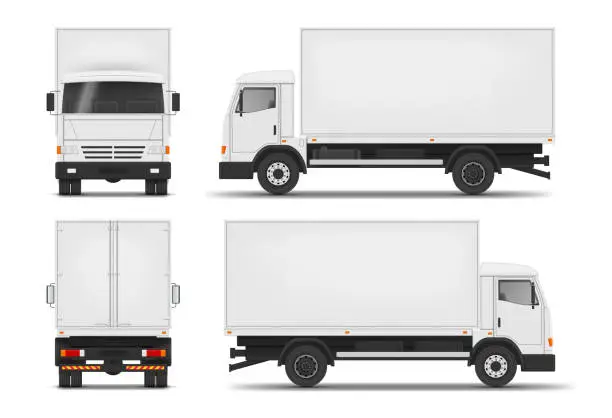 Vector illustration of Collection realistic light truck front back and side view vector lorry van with box cargo logistic