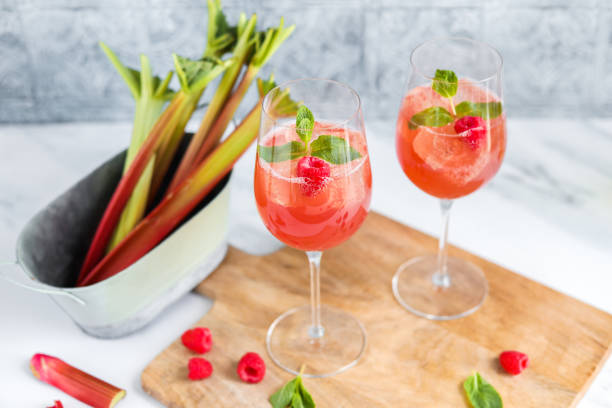 pink rhubarb spritz summer drink aperitif coquetel com framboesas e hortelã - ruibarbo fruta - fotografias e filmes do acervo