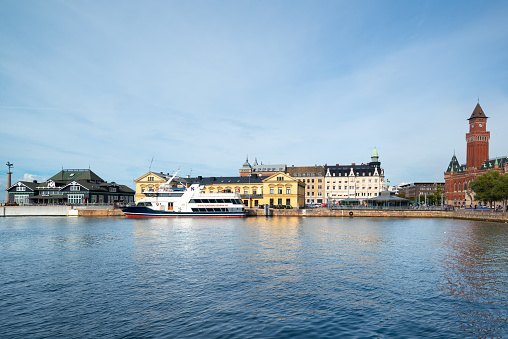 Helsingborg, Sweden - 22.09.2020 - View of the city and the port from sea. The ferry ship is in the port, Helsingborg City Hall-Radhuset, The Tivoli - Bar, Mat Live, Mariner’s Goddess