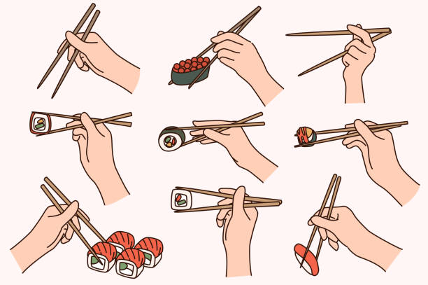 ilustraciones, imágenes clip art, dibujos animados e iconos de stock de conjunto de personas comiendo sushi con palillos - sashimi