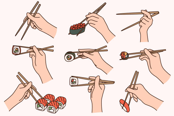 illustrations, cliparts, dessins animés et icônes de ensemble de personnes mangeant des sushis avec des baguettes - sushi styles