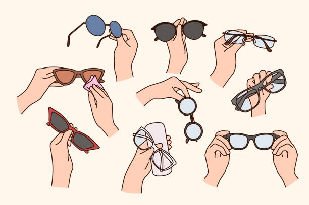 illustrations, cliparts, dessins animés et icônes de ensemble de personnes tenant divers verres - sun protection glasses glass