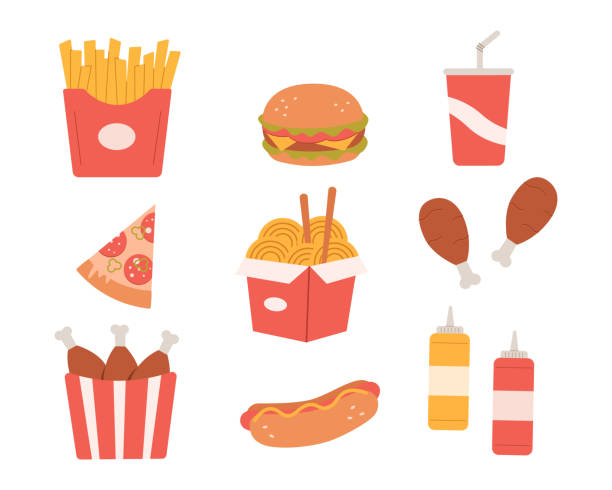 Fast food meal set. Hamburger,beverage,pizza,french fries, fried crispy chicken leg, hotdog, soda, mustard, ketchup and noodles on isolated. Colored flat vector illustration. vector art illustration