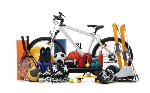 Bicycle and different modern sport equipment on white background