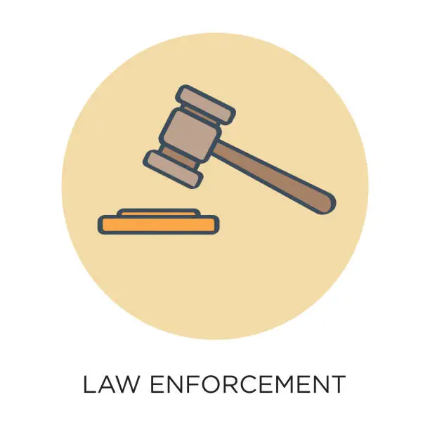 Vector illustration of Vector flat design judge's gavel law enforcement icon illustration in circle layout with black type