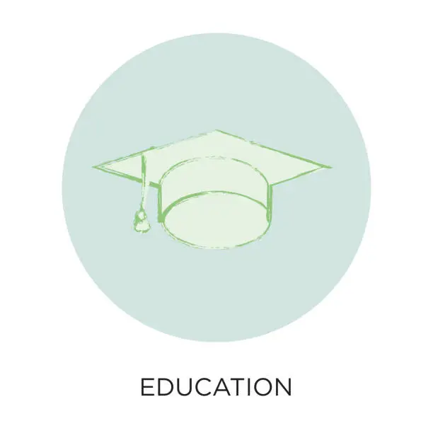 Vector illustration of Vector flat design cap and gown education icon illustration in circle layout with black type