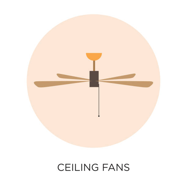 Vector flat design ceiling fan icon illustration in circle layout with black type Vector flat design ceiling fan icon illustration in circle layout with black type depicting a ceiling fan hanging from a ceiling with four blades and a pull cord ceiling fan stock illustrations
